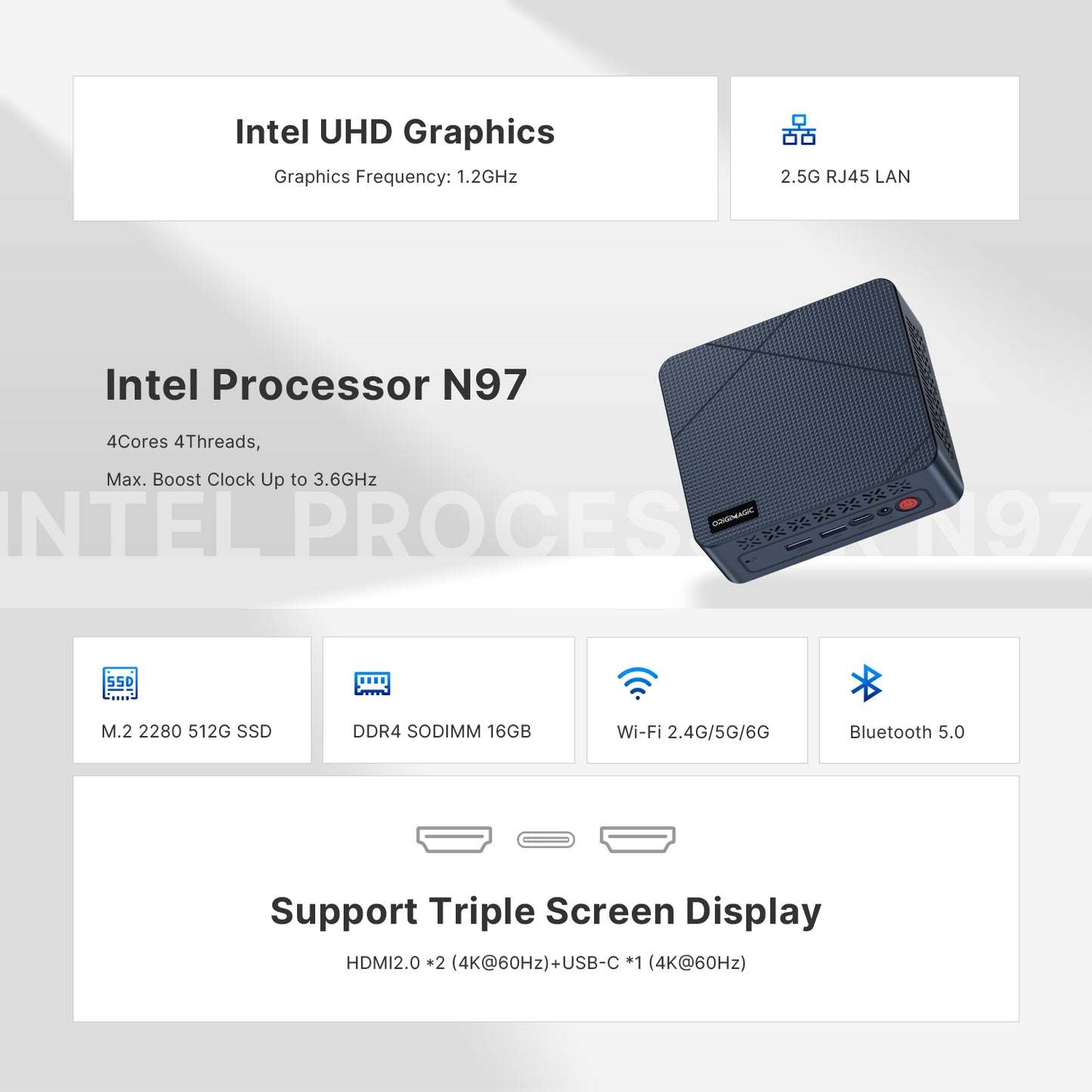ORIGIMAGIC Mini PC C1 Windows 11 Pro, 12th Alder Lake N97(up to 3.6GHz) Mini Computers, 16GB DDR4 512GB SSD Support 4K Triple Display,WiFi5/BT5.0/2.5G Ethernet Mini Desktop for Home Office